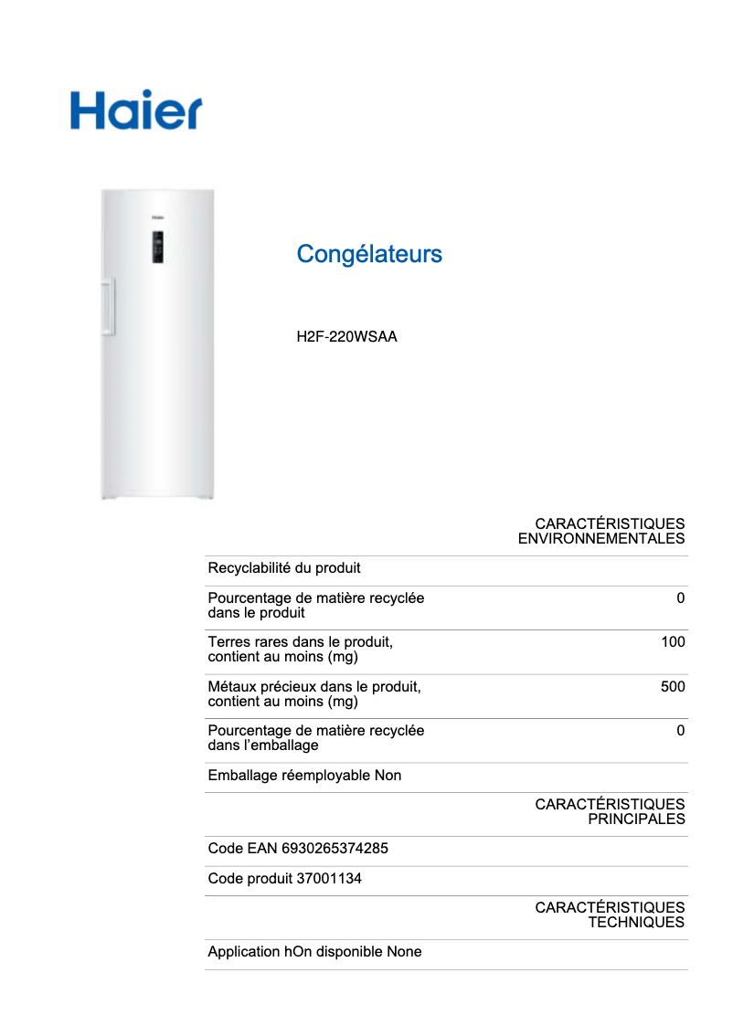 Page n°1 - Label énergétique Haier H2F-220WSAA