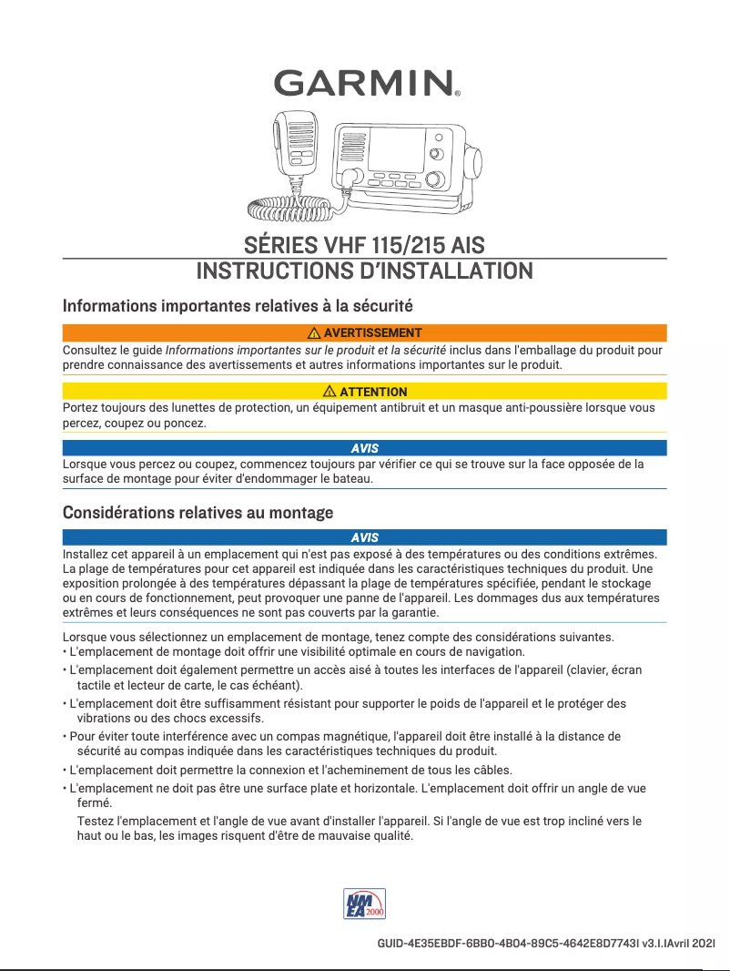 Page 1 de la notice Guide d'installation Garmin VHF 215i