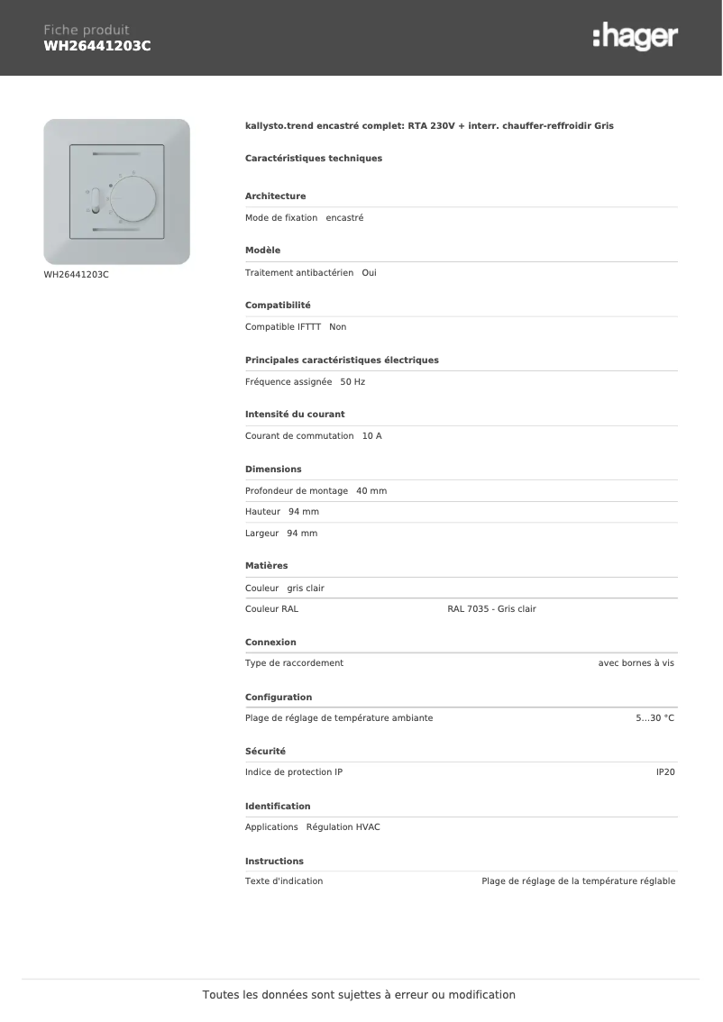 Page n°1 - Fiche technique Hager WH26441203C