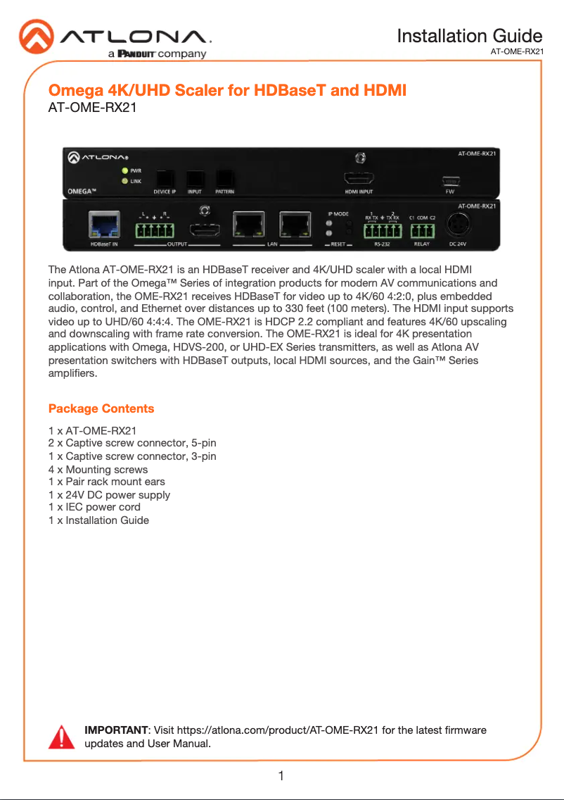 Page 1 de la notice Guide d'installation Atlona AT-OME-RX21