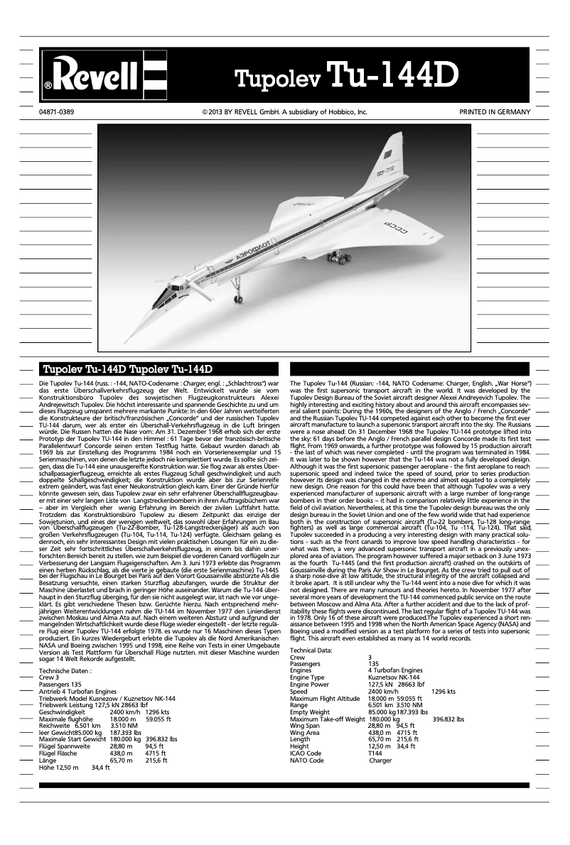 Image de la première page du manuel de l'appareil Supersonic Passenger Aircraft Tupolev Tu-144D