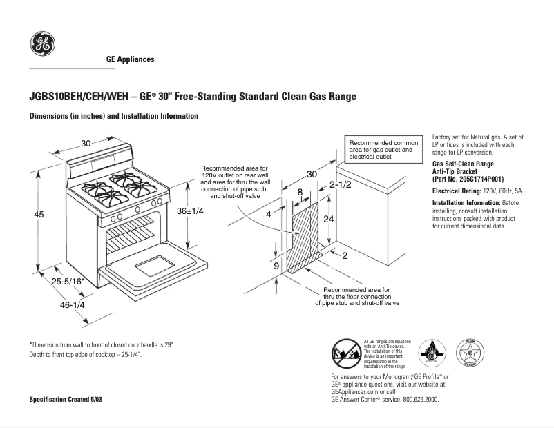 Page 1 of the manual Technical Sheet GE JGBS10CEHCC