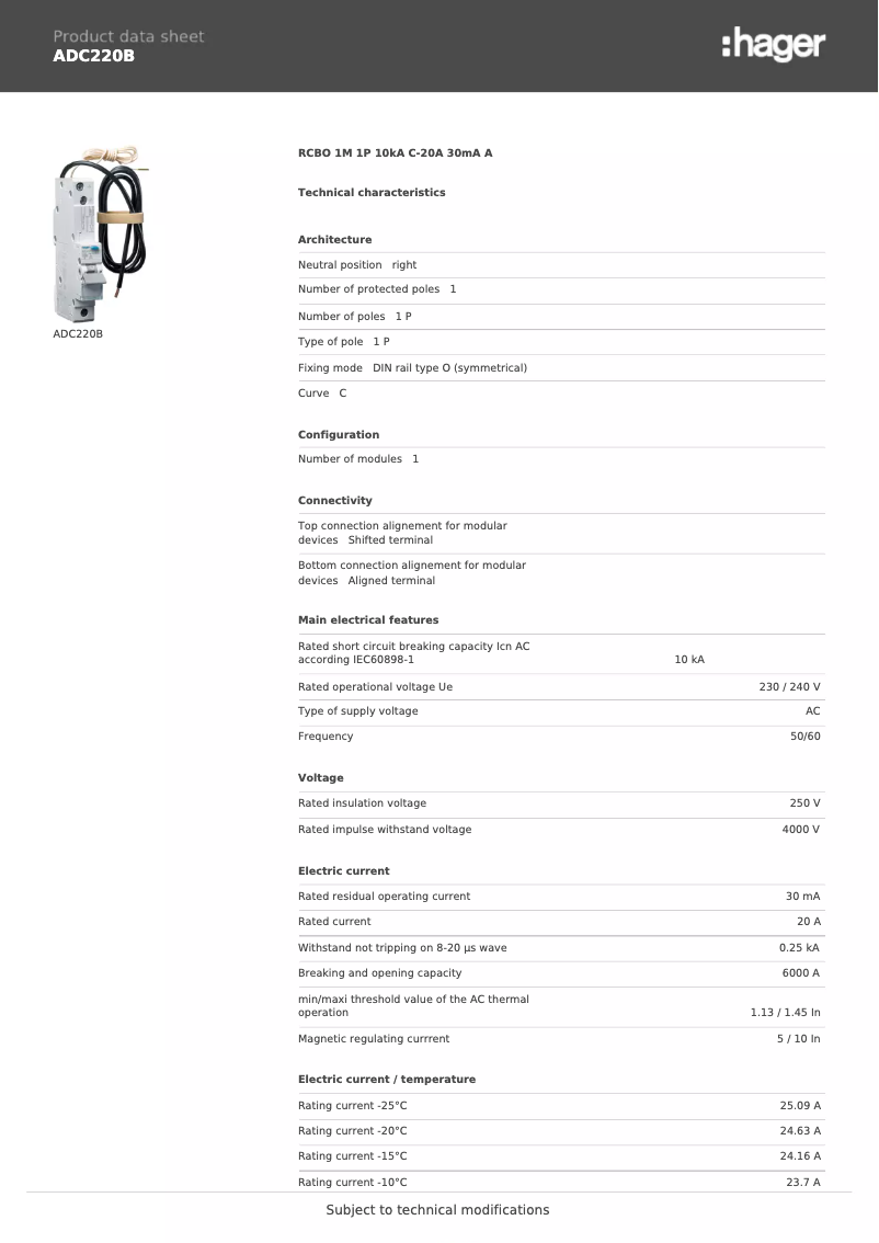 Page n°1 - Fiche technique Hager ADC220B