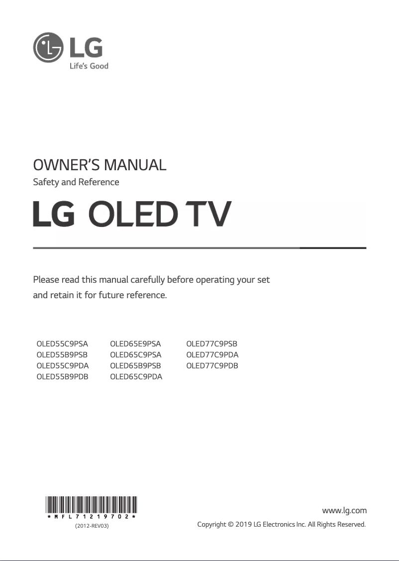 Page 1 de la notice Manuel utilisateur LG OLED55B9PSB