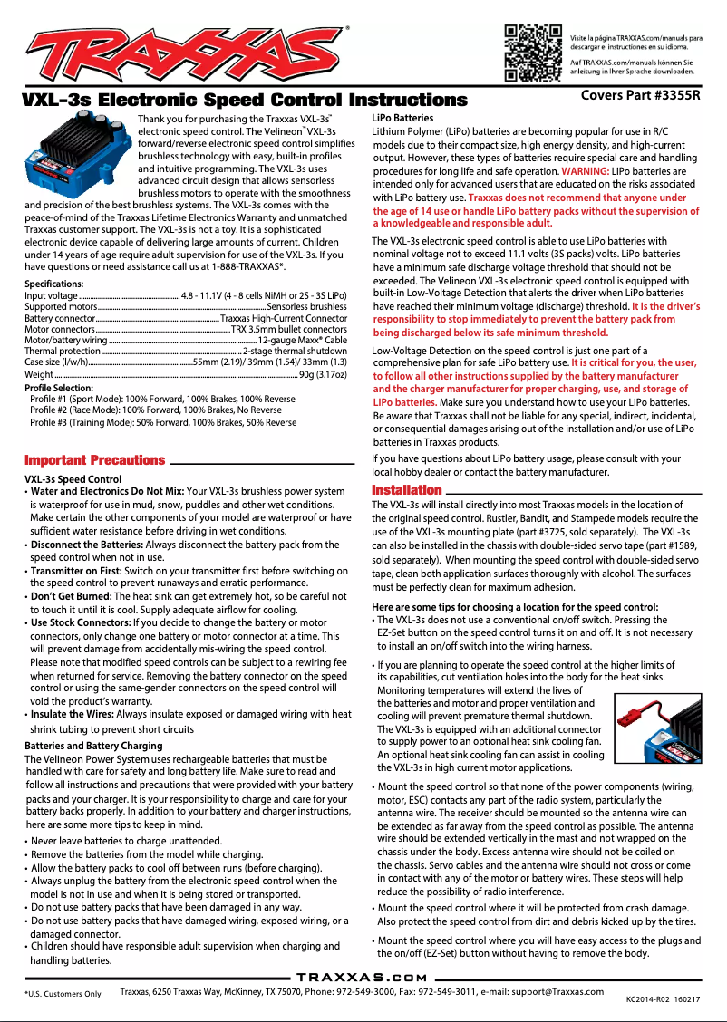 Page 1 de la notice Manuel utilisateur Traxxas VXL-3s