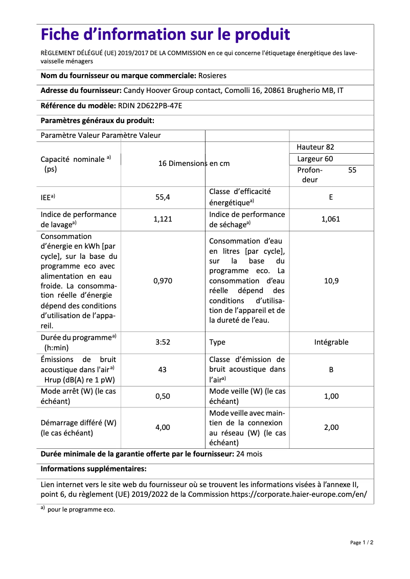 Page 1 de la notice Fiche technique Rosieres RDIN 2D622PB-47E