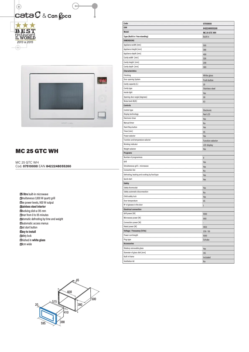 Page 1 de la notice Fiche technique CATA MC 25 GTC WH