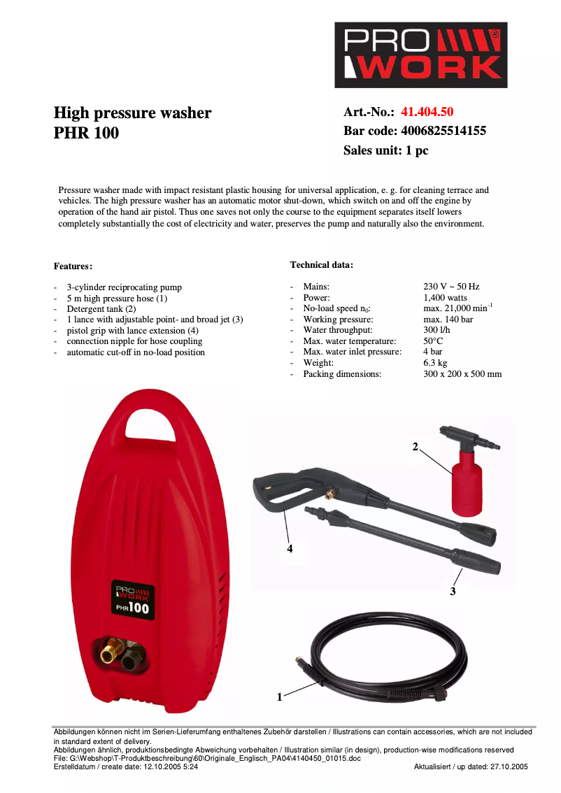 Page 1 de la notice Manuel utilisateur Prowork PHR 100