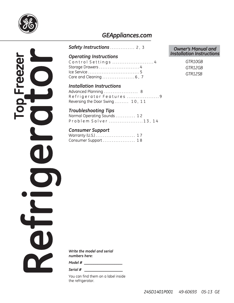 Page n°1 - Guide d'installation GE GTR12GBEWW