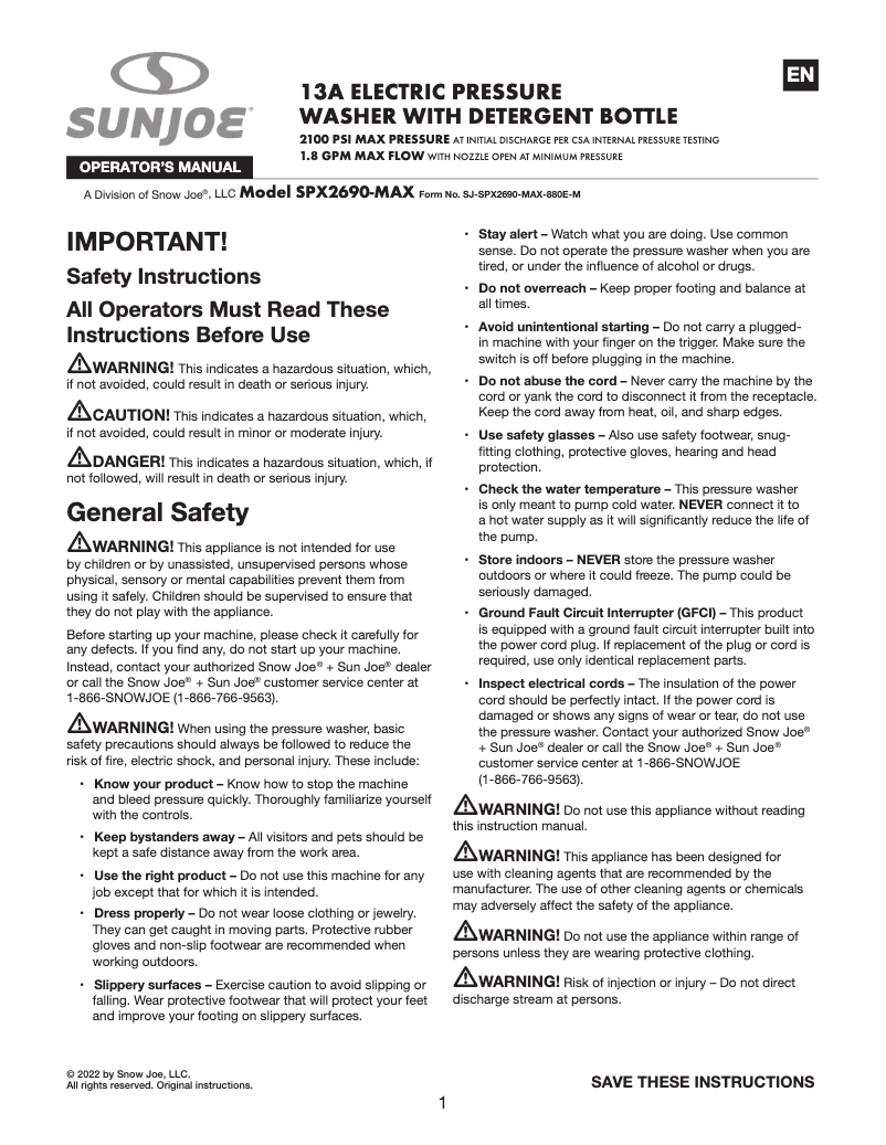 Page 1 de la notice Manuel utilisateur Sun Joe SPX2690-MAX