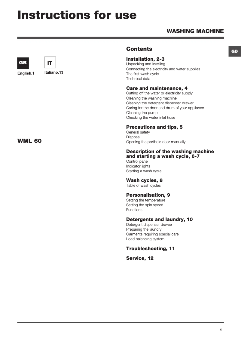 Page n°1 - Manuel utilisateur Hotpoint Ariston WML 60 EU