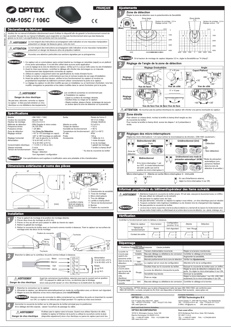 Page 1 de la notice Manuel utilisateur Optex OM-106C