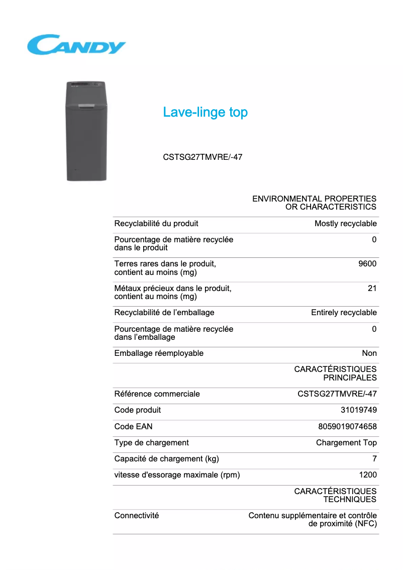 Page 1 de la notice Fiche technique Candy CSTSG27TMVRE/-47