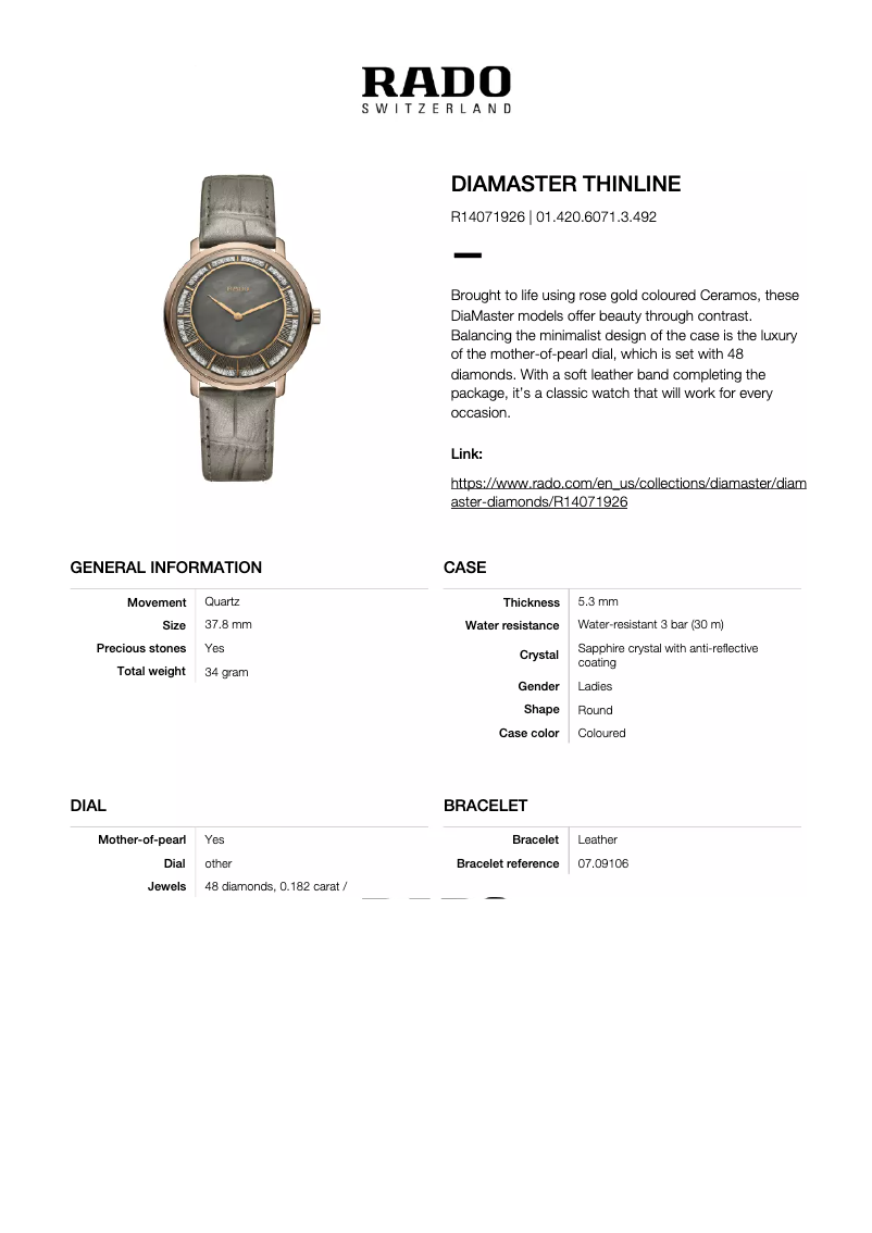 Page 1 of the manual User Manual Rado DiaMaster Thinline R14071926