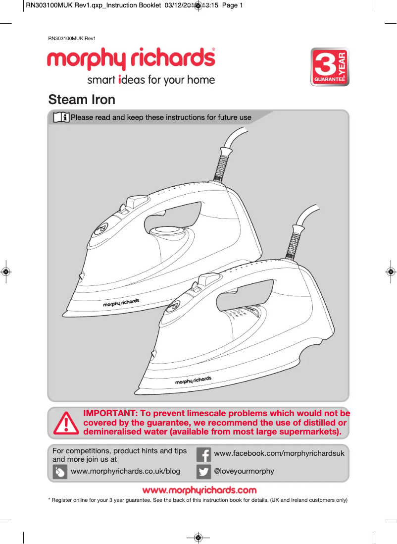 Page 1 de la notice Manuel utilisateur Morphy Richards TurboSteam Pro 303124
