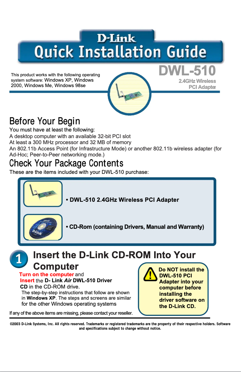Page 1 de la notice Guide d'installation D-Link Air DWL-510