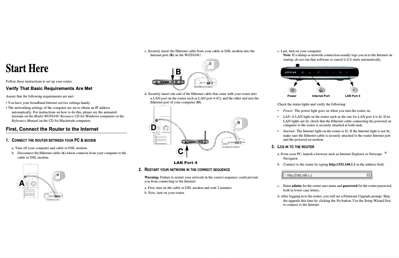 Page 1 de la notice Guide d'installation Netgear WGT634U