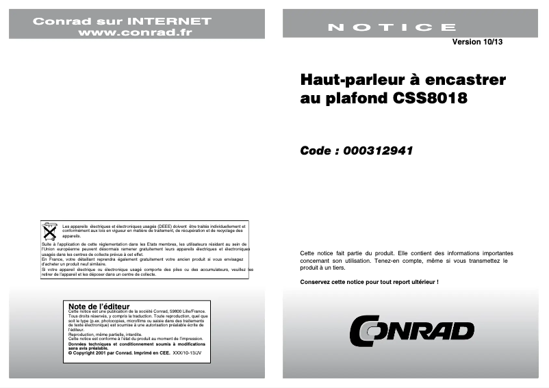 Page 1 de la notice Manuel utilisateur JBL CSS8018