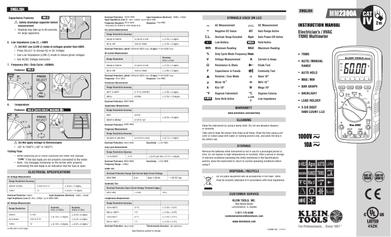 Page n°1 - Manuel utilisateur Klein Tools MM2300A