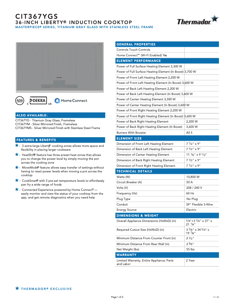 Page 1 de la notice Fiche technique Thermador CIT367YGS