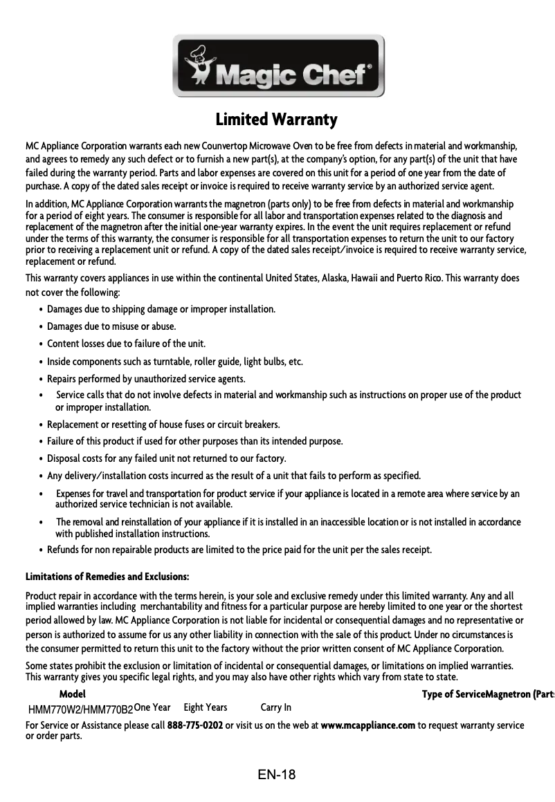Página 1 del manual Información de garantía Magic Chef HMM770B2