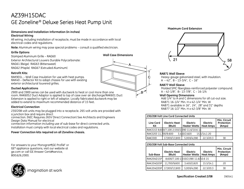 Página 1 del manual Ficha técnica GE AZ39H15DAC