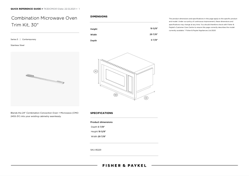 Page 1 de la notice Manuel utilisateur Fisher & Paykel TK30CMOX1