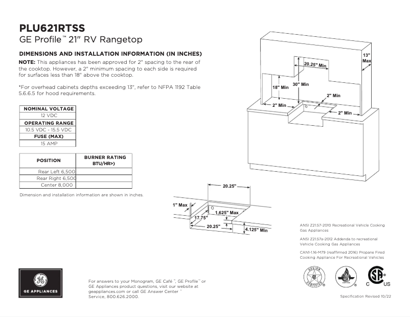 Page 1 of the manual Technical Sheet GE Profile PLU621ETSB