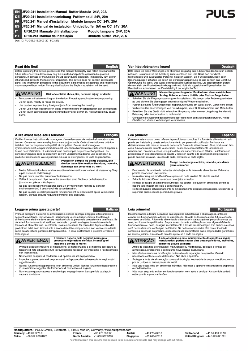 Page n°1 - Manuel utilisateur Puls Dimension UF20.241