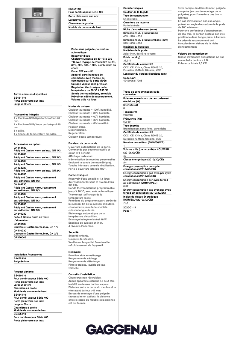 Página 1 del manual Ficha técnica Gaggenau BS451110