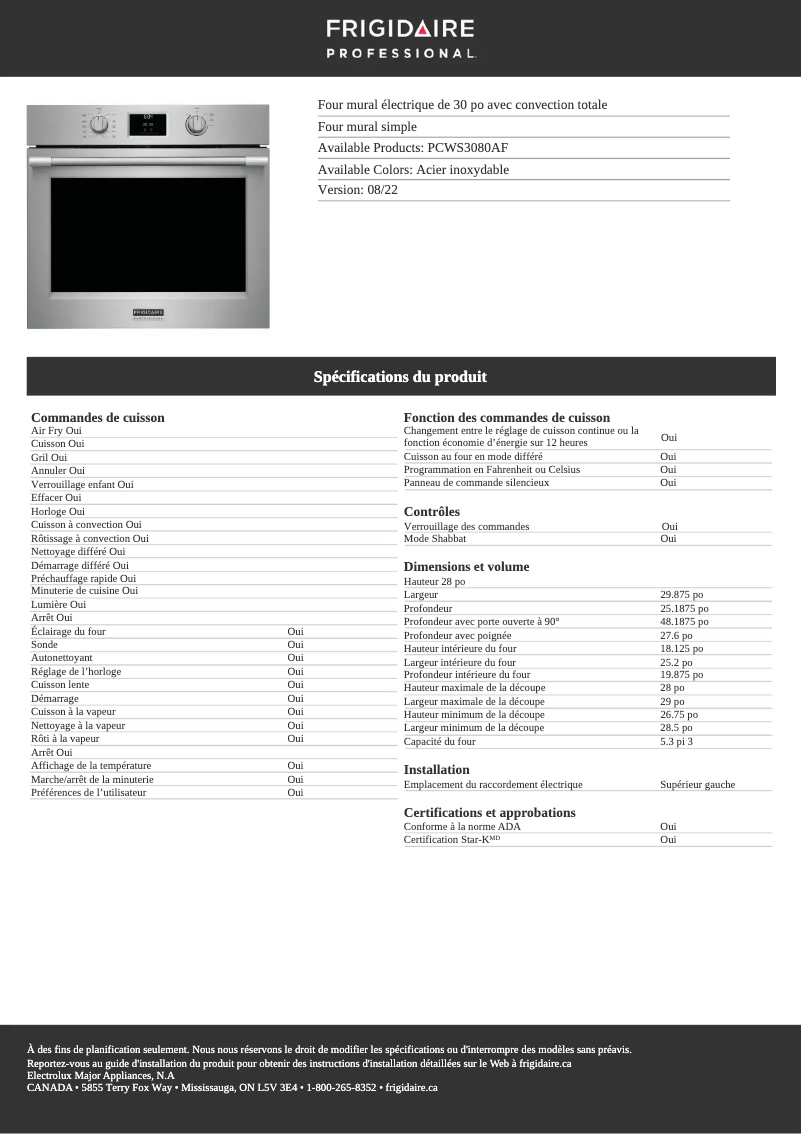 Page 1 de la notice Fiche technique Frigidaire PCWS3080AF