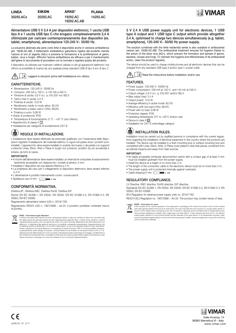 Page 1 de la notice Manuel utilisateur Vimar 20292.AC