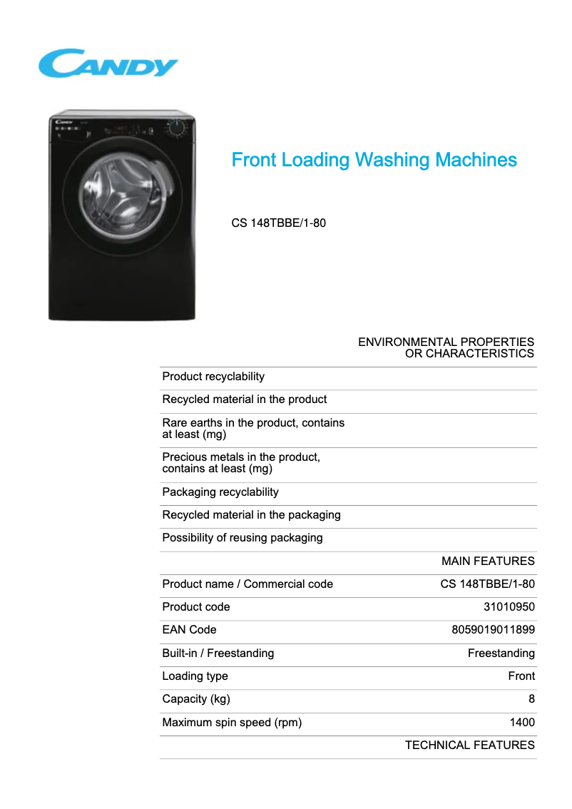 Page 1 de la notice Fiche technique Candy CS 148TBBE/1-80