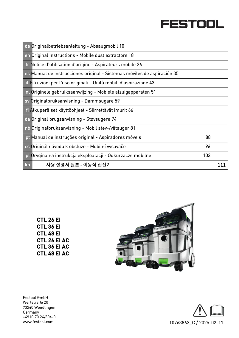 Page 1 de la notice Manuel utilisateur Festool Cleantec CTL 26 AC