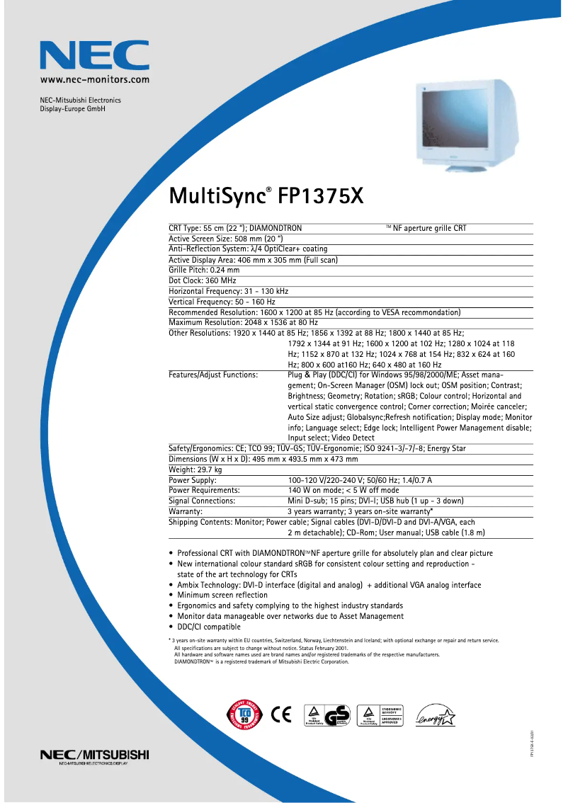 Page 1 de la notice Fiche technique NEC MultiSync FP1375X