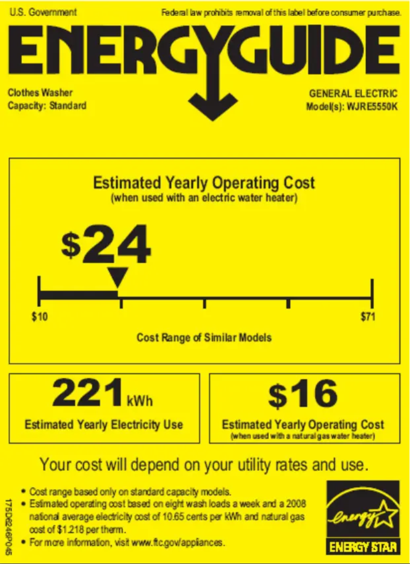 Page 1 de la notice Label énergétique GE WJRE5550KWW