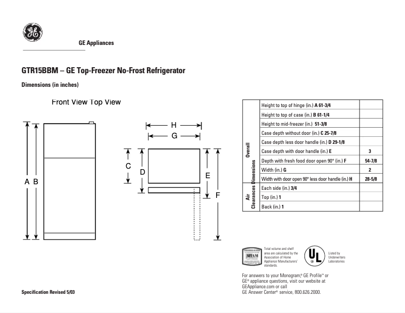 Page n°1 - Fiche technique GE GTR15BBMRAA