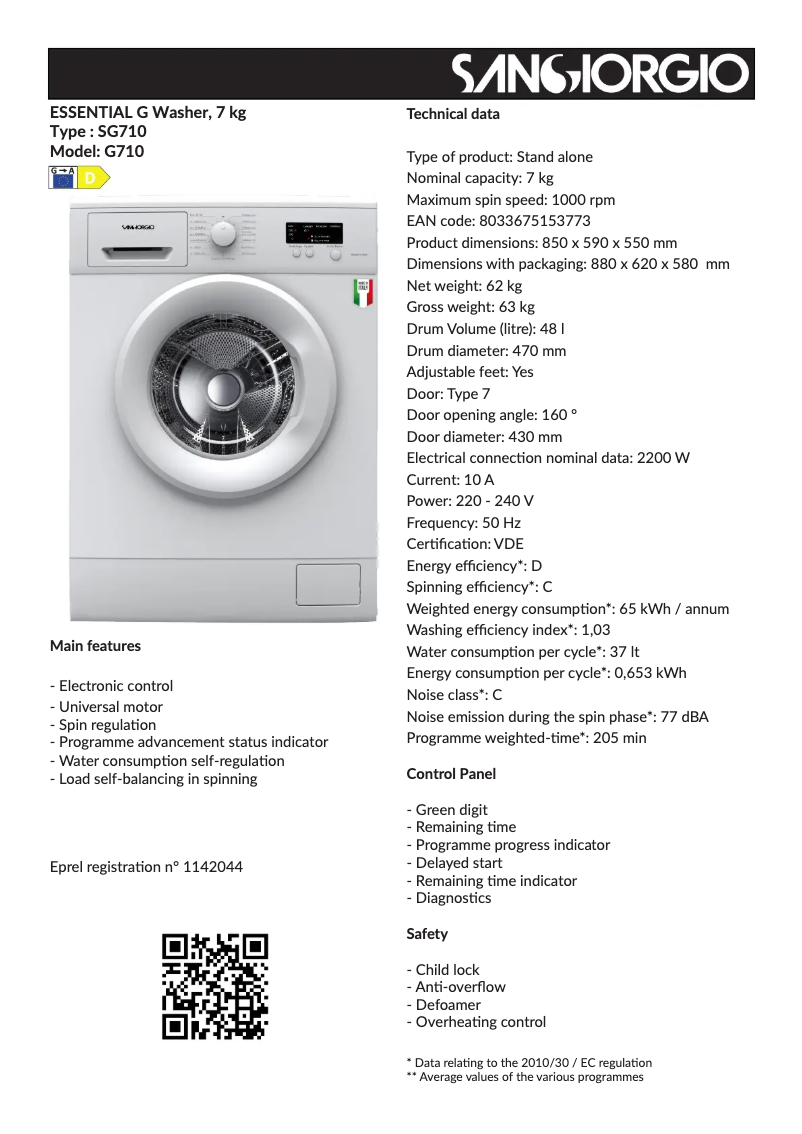Page 1 de la notice Fiche technique SanGiorgio SG710