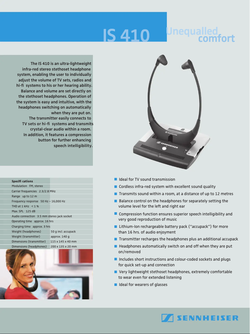 Page 1 de la notice Fiche technique Sennheiser IS 410 TV