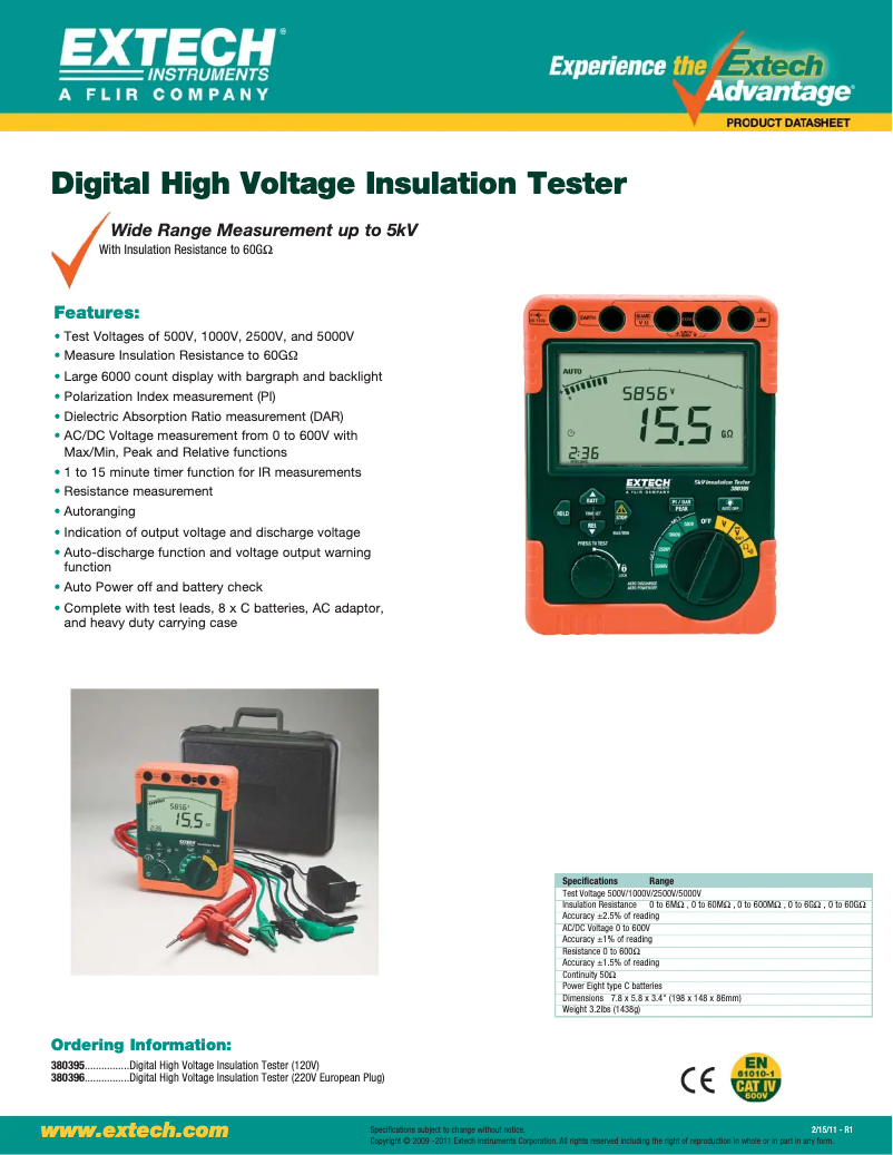 Page 1 de la notice Fiche technique Extech 380395