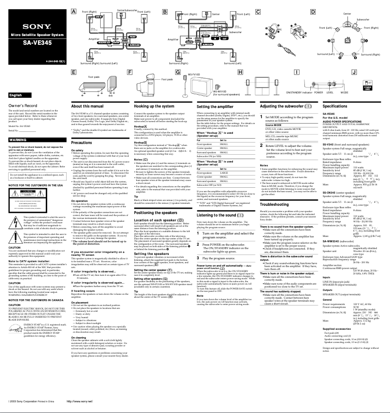 Page 1 de la notice Manuel utilisateur Sony SA-VE345