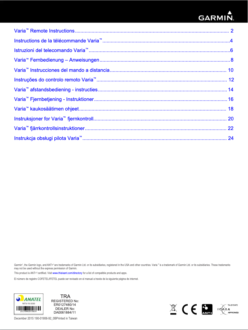 Page 1 de la notice Manuel utilisateur Garmin Varia