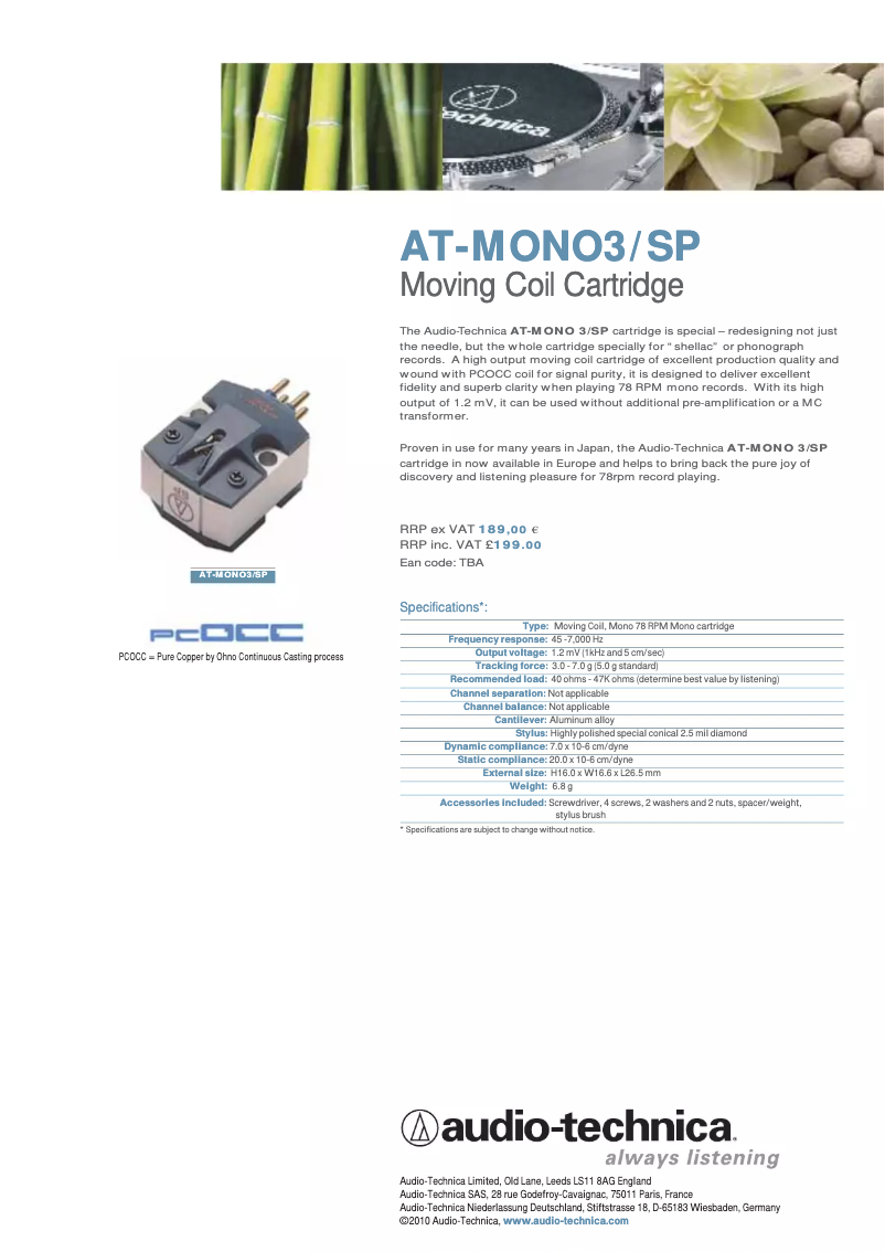 Page 1 de la notice Manuel utilisateur Audio-Technica AT-MONO3/SP