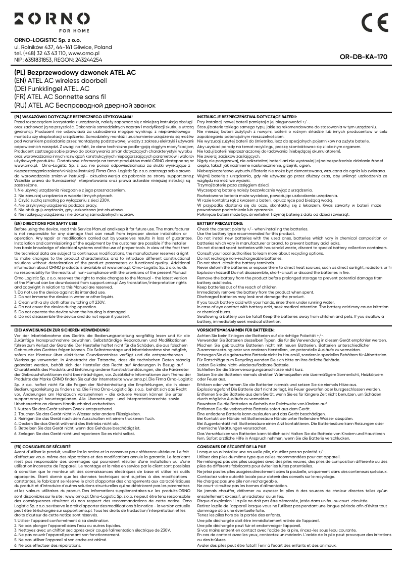 Page 1 de la notice Manuel utilisateur ORNO OR-DB-KA-170