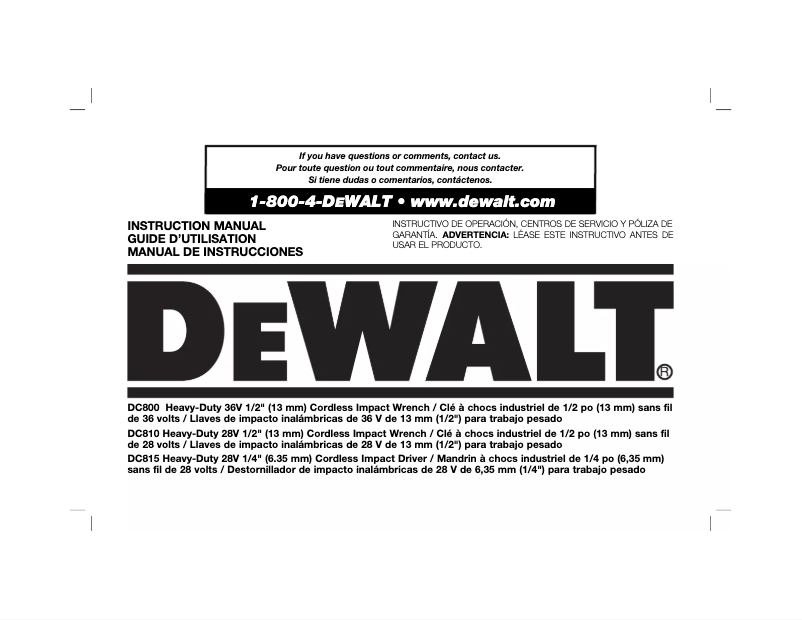 Page n°1 - Manuel utilisateur DeWalt DC800KL