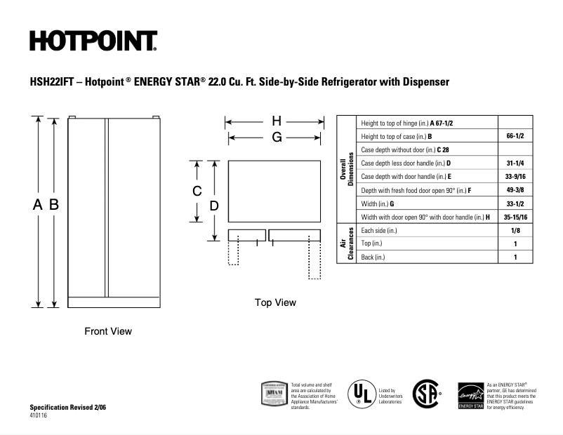 Page 1 de la notice Fiche technique Hotpoint HSH22IFTCC