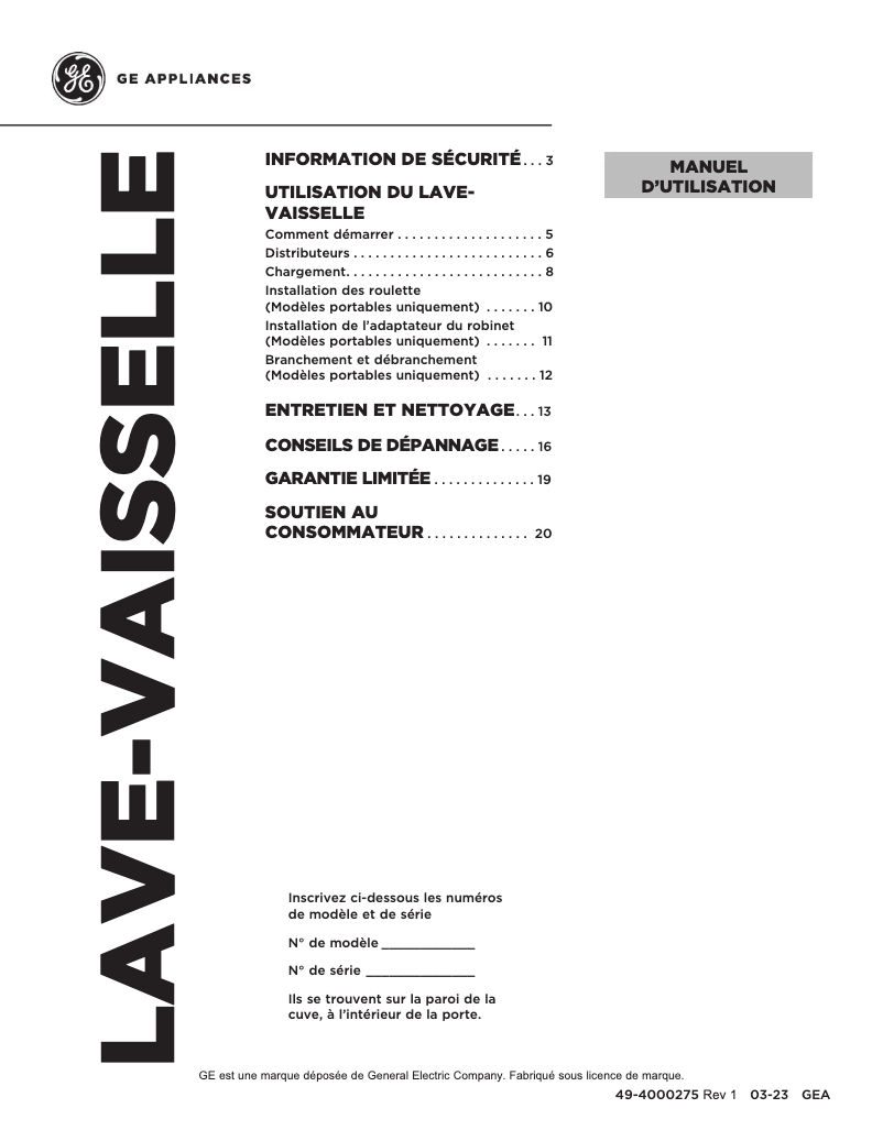 Page 1 de la notice Manuel utilisateur Monogram UBT410SSVSS