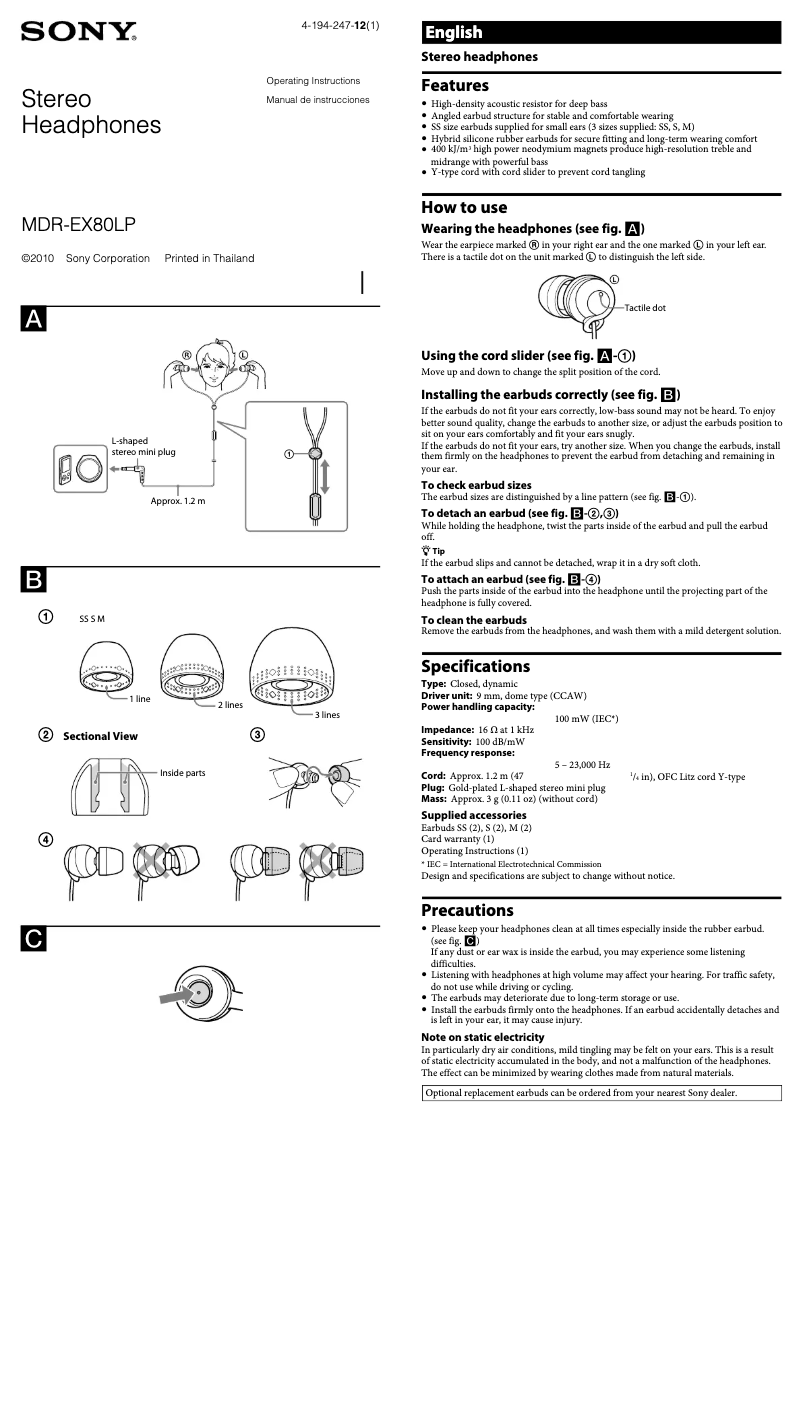Page 1 de la notice Manuel utilisateur Sony MDR-EX80LP