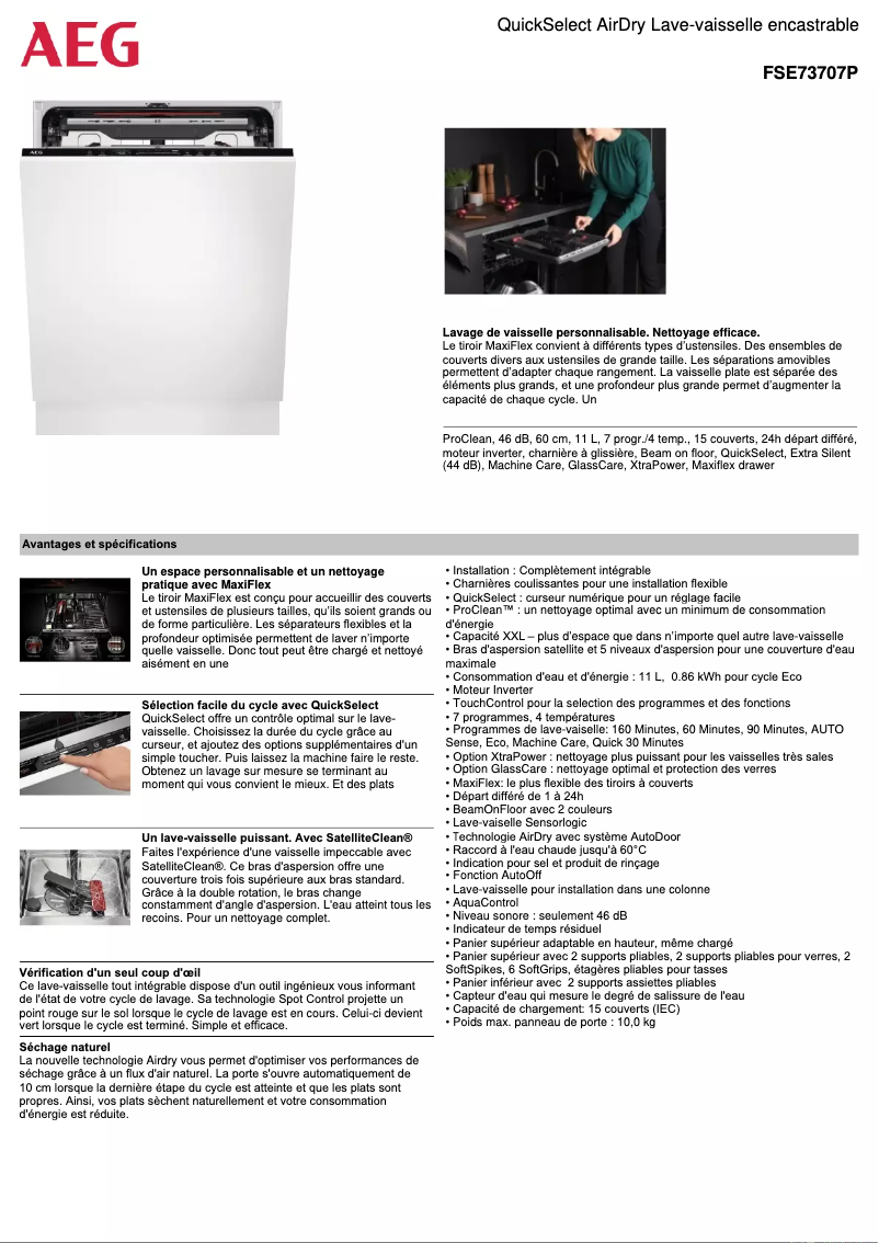 Page 1 de la notice Fiche technique AEG FSE73707P