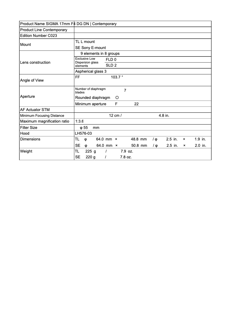 Page 1 de la notice Fiche technique Sigma 17mm F4 DG DN